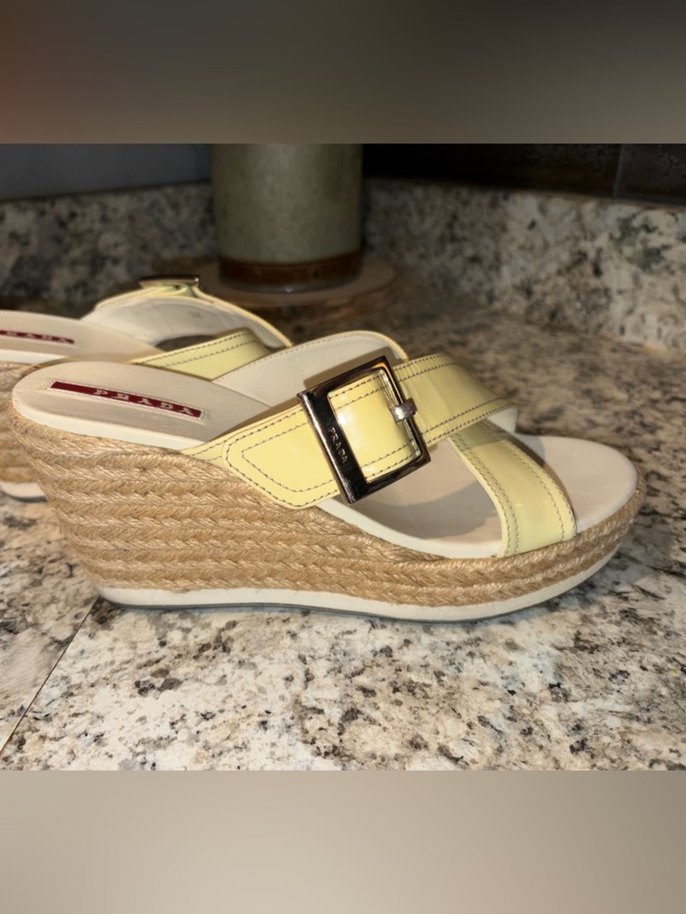 Prada Espadrille Wedge Sandals Yellow Leather Buckle Platform Made in Italy EUC